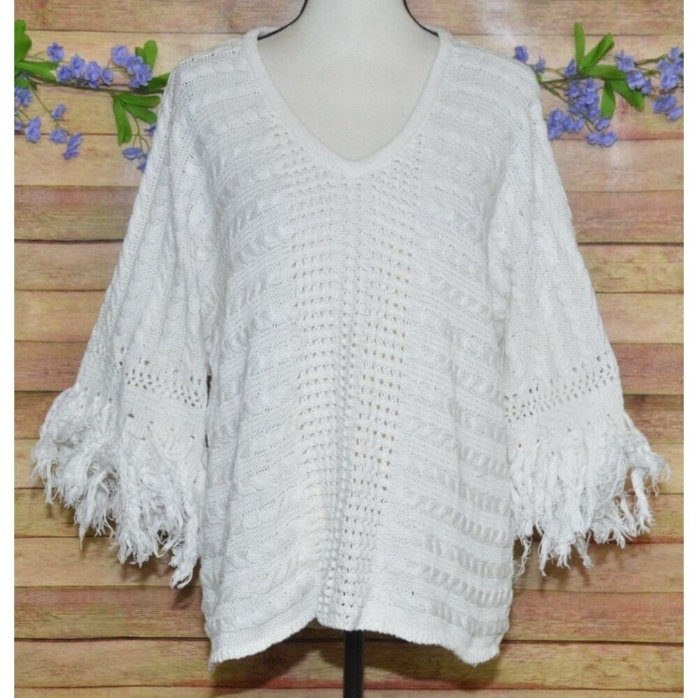 Cabi Fiesta Fringe Sweater Small Boxy Poncho Boho Coastal Beachy Half Sleeves